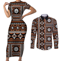 Fiji Masi Tapa Pattern Orange Couples Matching Short Sleeve Bodycon Dress and Long Sleeve Button Shirt - Polynesian Pride