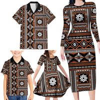 Fiji Masi Tapa Pattern Orange Family Matching Long Sleeve Bodycon Dress and Hawaiian Shirt - Polynesian Pride