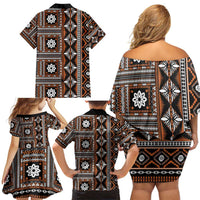 Fiji Masi Tapa Pattern Orange Family Matching Off Shoulder Short Dress and Hawaiian Shirt - Polynesian Pride
