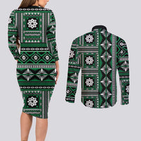 Fiji Masi Tapa Pattern Green Couples Matching Long Sleeve Bodycon Dress and Long Sleeve Button Shirt - Polynesian Pride