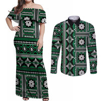 Fiji Masi Tapa Pattern Green Couples Matching Off Shoulder Maxi Dress and Long Sleeve Button Shirt - Polynesian Pride