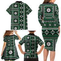 Fiji Masi Tapa Pattern Green Family Matching Long Sleeve Bodycon Dress and Hawaiian Shirt - Polynesian Pride