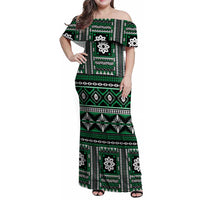 Fiji Masi Tapa Pattern Green Family Matching Off Shoulder Maxi Dress and Hawaiian Shirt - Polynesian Pride