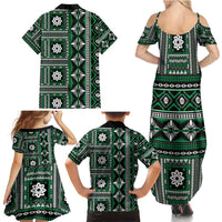 Fiji Masi Tapa Pattern Green Family Matching Summer Maxi Dress and Hawaiian Shirt - Polynesian Pride