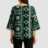 Fiji Masi Tapa Pattern Green Kimono Sleeve Blouse - Polynesian Pride