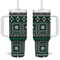 Fiji Masi Tapa Pattern Green Tumbler With Handle - Polynesian Pride