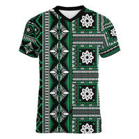 Fiji Masi Tapa Pattern Green Women V-Neck T-Shirt - Polynesian Pride