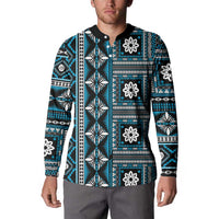 Fiji Masi Tapa Pattern Blue Button Sweatshirt - Polynesian Pride