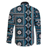 Fiji Masi Tapa Pattern Blue Family Matching Off The Shoulder Long Sleeve Dress and Hawaiian Shirt - Polynesian Pride