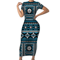 Fiji Masi Tapa Pattern Blue Family Matching Short Sleeve Bodycon Dress and Hawaiian Shirt - Polynesian Pride