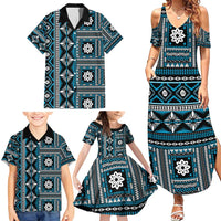 Fiji Masi Tapa Pattern Blue Family Matching Summer Maxi Dress and Hawaiian Shirt - Polynesian Pride