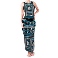 Fiji Masi Tapa Pattern Blue Family Matching Tank Maxi Dress and Hawaiian Shirt - Polynesian Pride