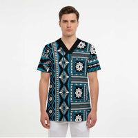 Fiji Masi Tapa Pattern Blue Scrub Top - Polynesian Pride