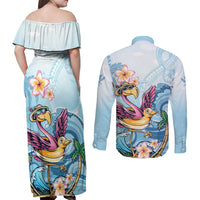 Hawaii Flamingo Couples Matching Off Shoulder Maxi Dress and Long Sleeve Button Shirt Plumeria Tropical Beach LT01 - Polynesian Pride