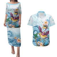 Hawaii Flamingo Couples Matching Puletasi and Hawaiian Shirt Plumeria Tropical Beach LT01 Blue - Polynesian Pride