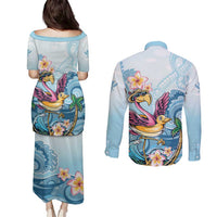 Hawaii Flamingo Couples Matching Puletasi and Long Sleeve Button Shirt Plumeria Tropical Beach LT01 - Polynesian Pride