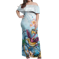 Hawaii Flamingo Off Shoulder Maxi Dress Plumeria Tropical Beach LT01 Women Blue - Polynesian Pride