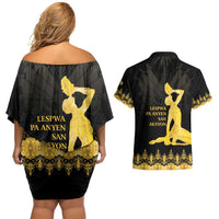 Haiti Neg Marron Gold Couples Matching Off Shoulder Short Dress and Hawaiian Shirt Lespwa pa anyen san aksyon
