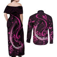 Personalised Survivor Melody Pink Couples Matching Off Shoulder Maxi Dress and Long Sleeve Button Shirt Breast Cancer Polynesian Pattern LT01 - Polynesian Pride