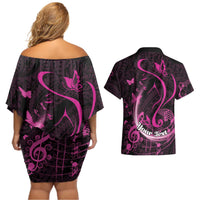 Personalised Survivor Melody Pink Couples Matching Off Shoulder Short Dress and Hawaiian Shirt Breast Cancer Polynesian Pattern LT01 - Polynesian Pride