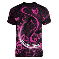 Personalised Survivor Melody Pink Women V-Neck T-Shirt Breast Cancer Polynesian Pattern