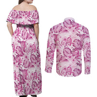 Pink Ribbon Hibiscus Tropical Pattern Couples Matching Off Shoulder Maxi Dress and Long Sleeve Button Shirt Breast Cancer LT01 - Polynesian Pride