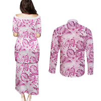 Pink Ribbon Hibiscus Tropical Pattern Couples Matching Puletasi and Long Sleeve Button Shirt Breast Cancer LT01 - Polynesian Pride