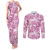 Pink Ribbon Hibiscus Tropical Pattern Couples Matching Tank Maxi Dress and Long Sleeve Button Shirt Breast Cancer