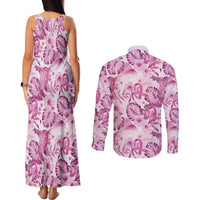 Pink Ribbon Hibiscus Tropical Pattern Couples Matching Tank Maxi Dress and Long Sleeve Button Shirt Breast Cancer