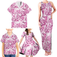 Pink Ribbon Hibiscus Tropical Pattern Family Matching Tank Maxi Dress and Hawaiian Shirt Breast Cancer