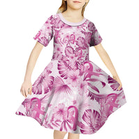 Pink Ribbon Hibiscus Tropical Pattern Kid Short Sleeve Dress Breast Cancer