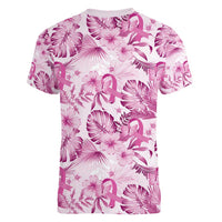 Pink Ribbon Hibiscus Tropical Pattern Women V-Neck T-Shirt Breast Cancer