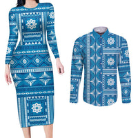 Fiji Masi All Blue Couples Matching Long Sleeve Bodycon Dress and Long Sleeve Button Shirt Tapa Pattern - Polynesian Pride