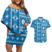 Fiji Masi All Blue Couples Matching Off Shoulder Short Dress and Hawaiian Shirt Tapa Pattern - Polynesian Pride