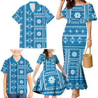 Fiji Masi All Blue Family Matching Mermaid Dress and Hawaiian Shirt Tapa Pattern - Polynesian Pride
