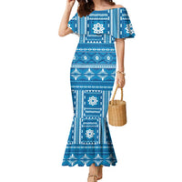 Fiji Masi All Blue Family Matching Mermaid Dress and Hawaiian Shirt Tapa Pattern - Polynesian Pride