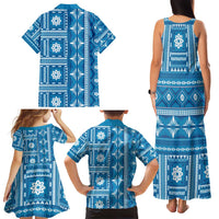 Fiji Masi All Blue Family Matching Tank Maxi Dress and Hawaiian Shirt Tapa Pattern - Polynesian Pride