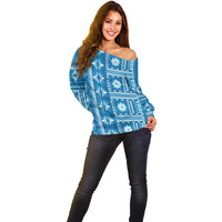 Fiji Masi All Blue Off Shoulder Sweater Tapa Pattern - Polynesian Pride