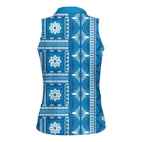 Fiji Masi All Blue Women Sleeveless Polo Shirt Tapa Pattern - Polynesian Pride