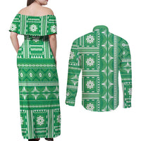 Fiji Masi All Green Couples Matching Off Shoulder Maxi Dress and Long Sleeve Button Shirt Tapa Pattern - Polynesian Pride