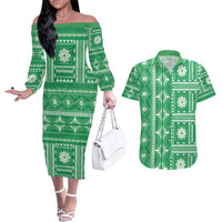Fiji Masi All Green Couples Matching Off The Shoulder Long Sleeve Dress and Hawaiian Shirt Tapa Pattern - Polynesian Pride