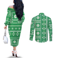 Fiji Masi All Green Couples Matching Off The Shoulder Long Sleeve Dress and Long Sleeve Button Shirt Tapa Pattern - Polynesian Pride