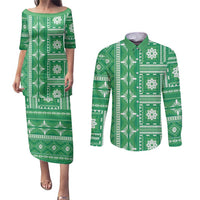 Fiji Masi All Green Couples Matching Puletasi and Long Sleeve Button Shirt Tapa Pattern - Polynesian Pride