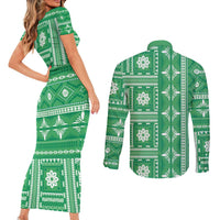 Fiji Masi All Green Couples Matching Short Sleeve Bodycon Dress and Long Sleeve Button Shirt Tapa Pattern - Polynesian Pride