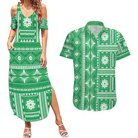 Fiji Masi All Green Couples Matching Summer Maxi Dress and Hawaiian Shirt Tapa Pattern - Polynesian Pride