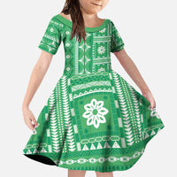 Fiji Masi All Green Family Matching Off Shoulder Maxi Dress and Hawaiian Shirt Tapa Pattern LT01 Daughter's Dress Green - Polynesian Pride