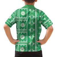Fiji Masi All Green Family Matching Off Shoulder Short Dress and Hawaiian Shirt Tapa Pattern LT01 - Polynesian Pride