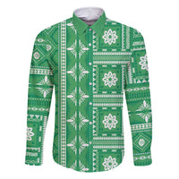Fiji Masi All Green Family Matching Off Shoulder Short Dress and Hawaiian Shirt Tapa Pattern LT01 Dad's Shirt - Long Sleeve Green - Polynesian Pride