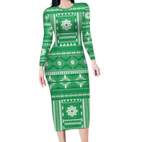 Fiji Masi All Green Long Sleeve Bodycon Dress Tapa Pattern - Polynesian Pride