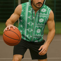 Fiji Masi All Green Sleeveless Zip Hoodie Tapa Pattern LT01 - Polynesian Pride